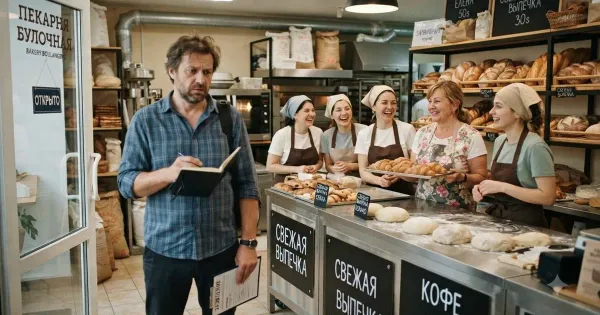 Мужчина в цехе пекарни замешивает тесто на фоне хлебобулочных изделий