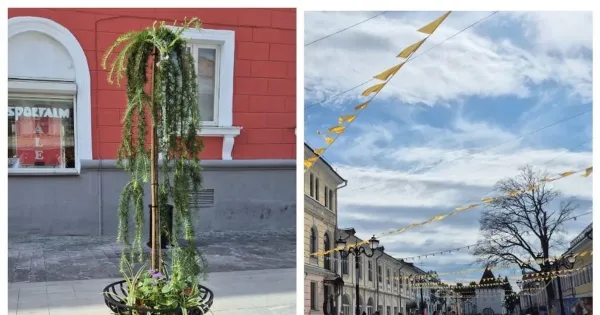 Пешеходная улица в центре Ярославля с плиткой, но без деревьев, люди гуляют под солнцем